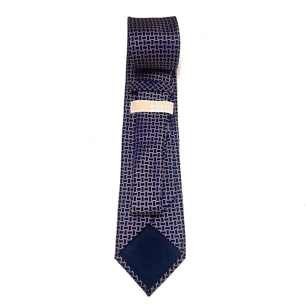 Michael Kors 100% Silk Embroidered Designer‎ Tie Blue Pink Checkered Necktie